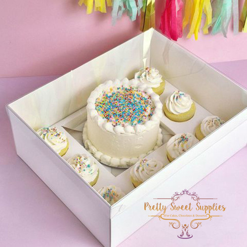 WHITE BENTO Cupcake & Cake Box with Clear Lid - 8 Hole